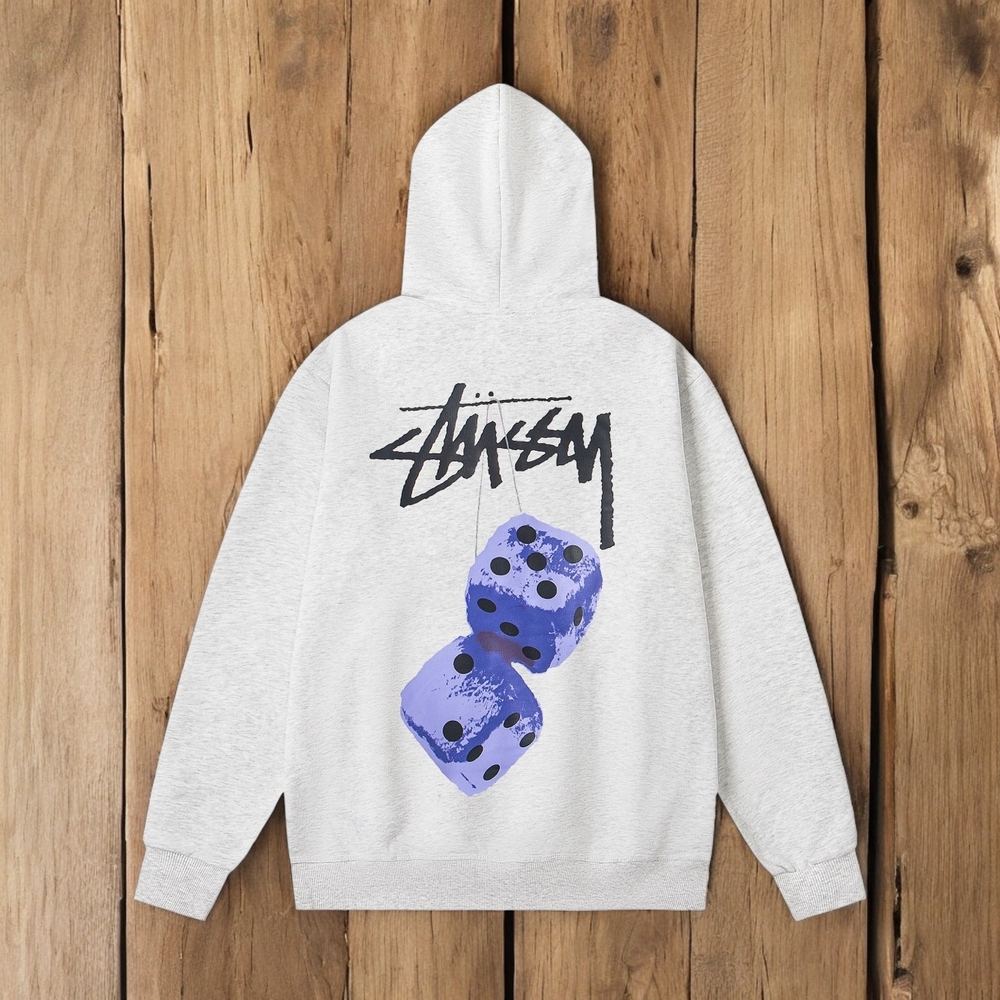 Stussy Light Gray Hoodie with Blue Dice Graphic